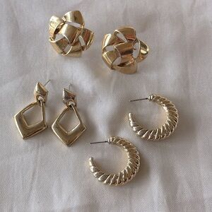 Vintage Gold Tone Textured Statement Earring Set Bow Button, Hoops & Drop Design